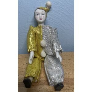 VTG Harlequin Jester Mardi Gras Clown Doll Porcelain Gold And Silver Tear Drop